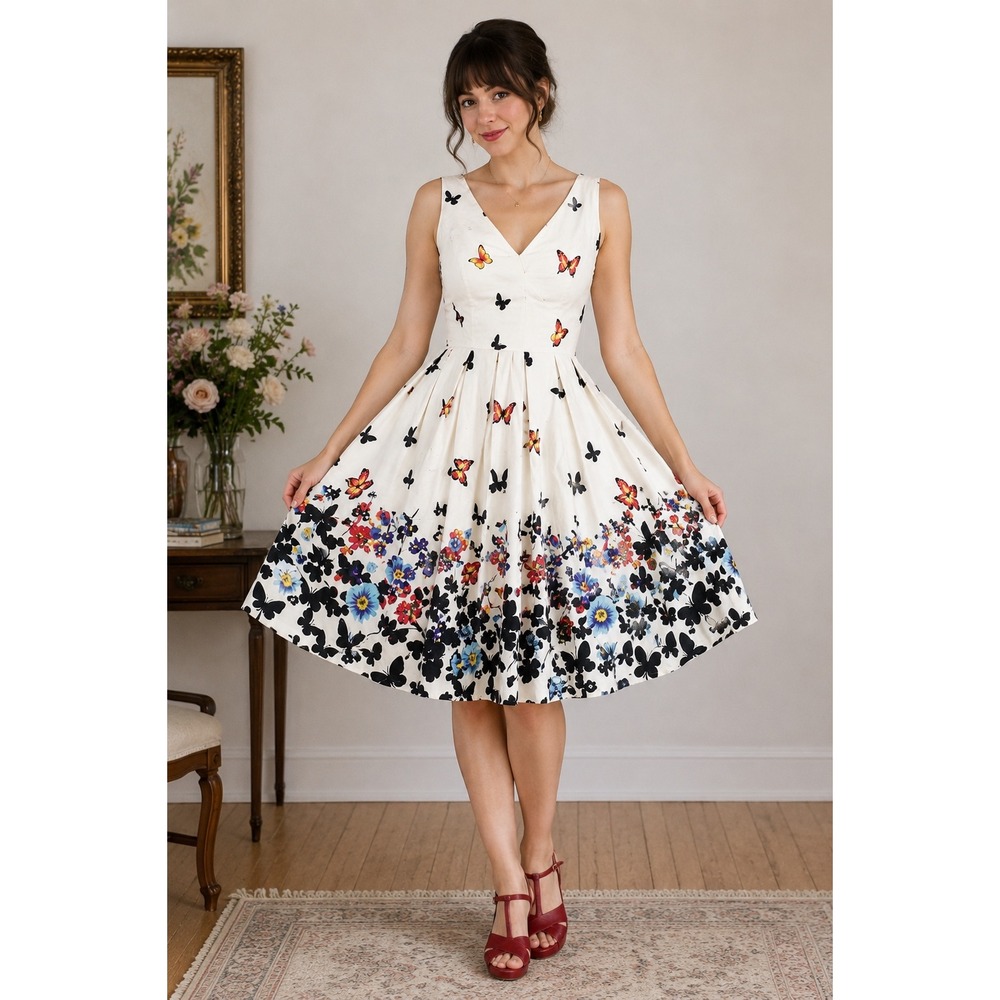 Belle Poque Small White Butterfly Floral Sleeveless Fit and Flare‎ Dress